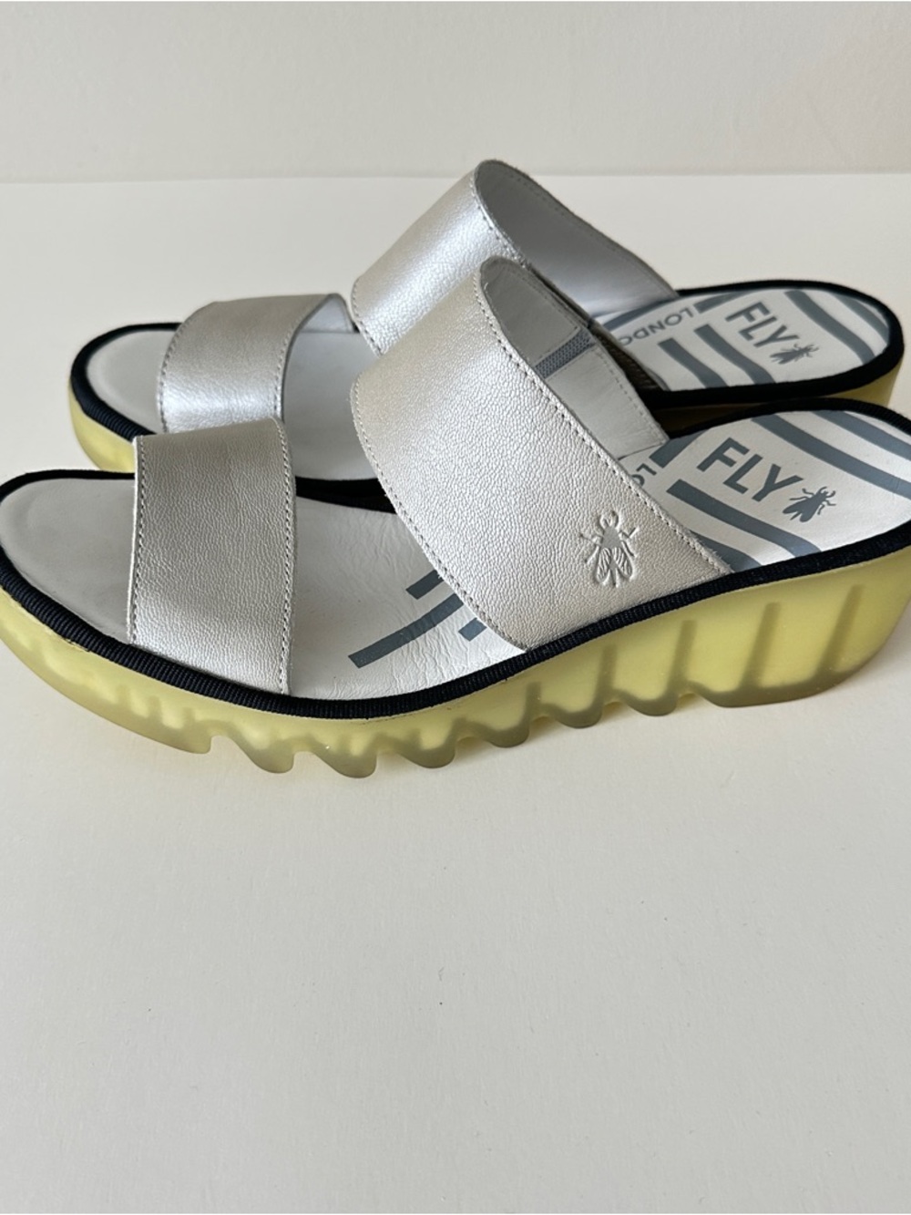 FLY London Silver Besy Platform Wedge Slide Sandals with Yellow Wavy Sole, Sz 9
